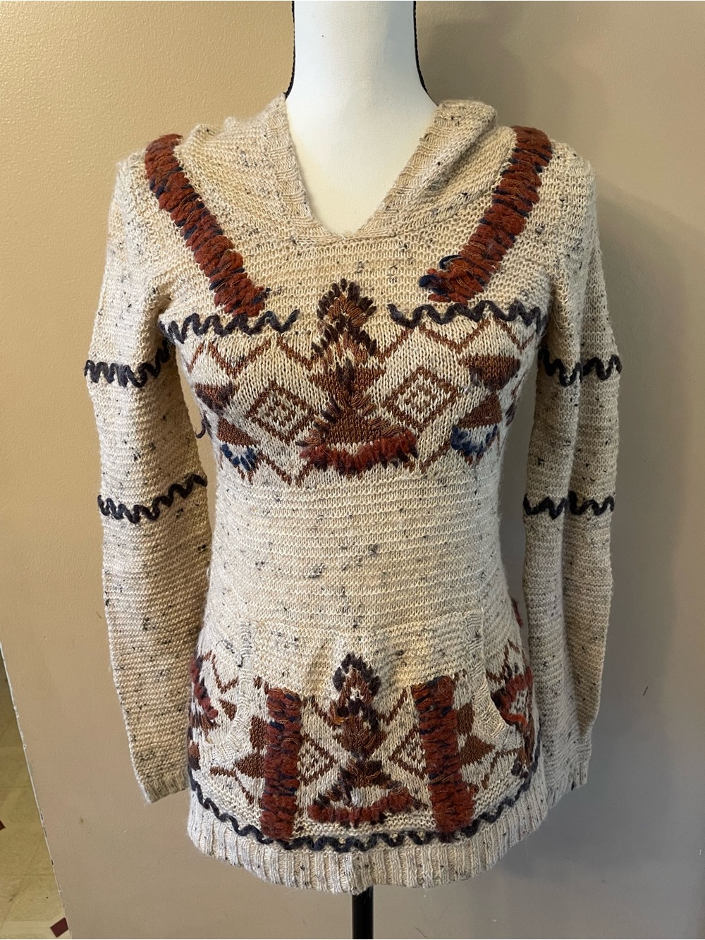 Free People Cream Hooded Sweater with Brown & Navy Pattern